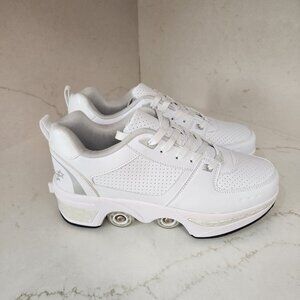 2-in-1 White Retractable Roller Skate Sneakers Size Women's 10.5